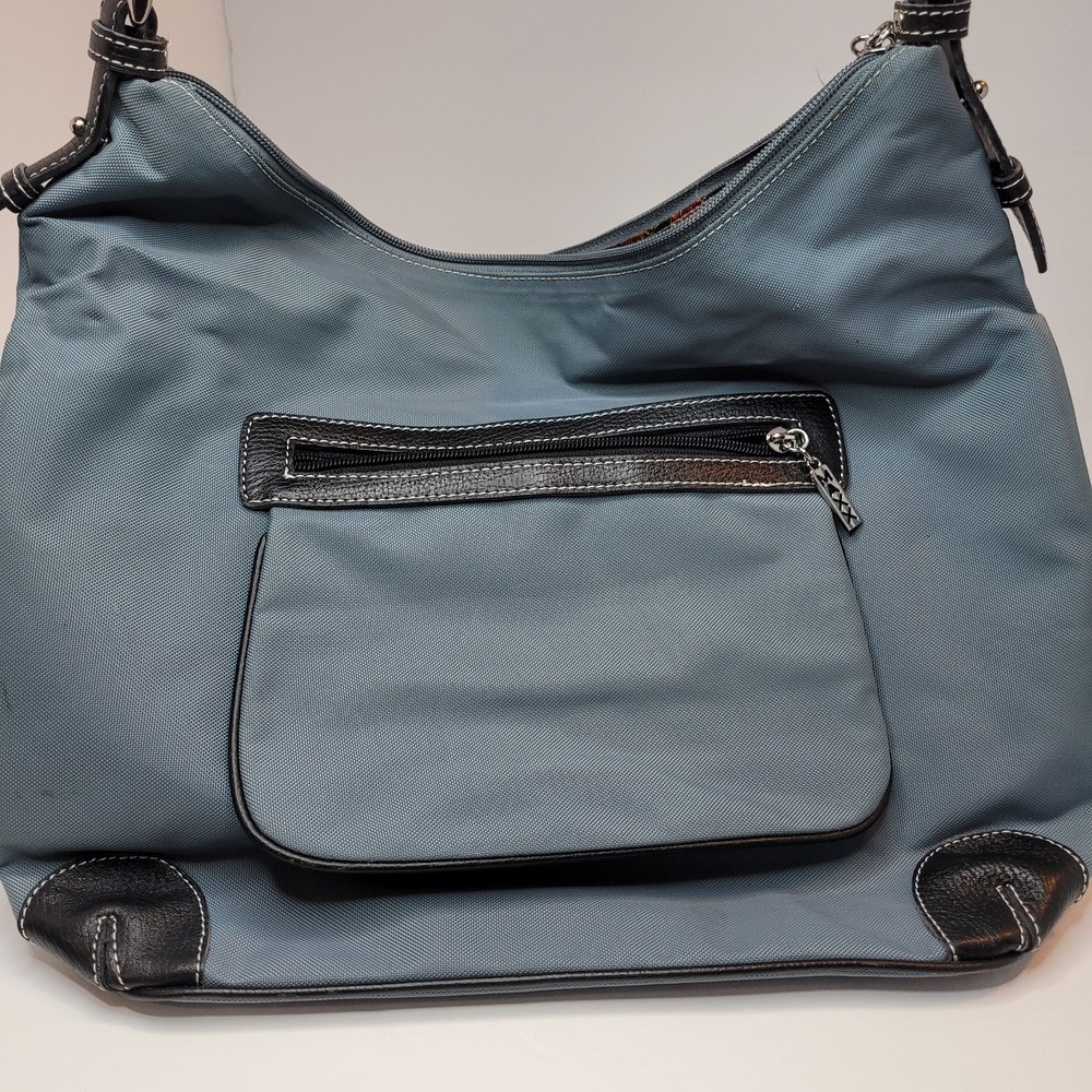 MAXX New York Blue Gray Nylon Canvas & Leather Purse Hobo Sac Shoulder Bag‎